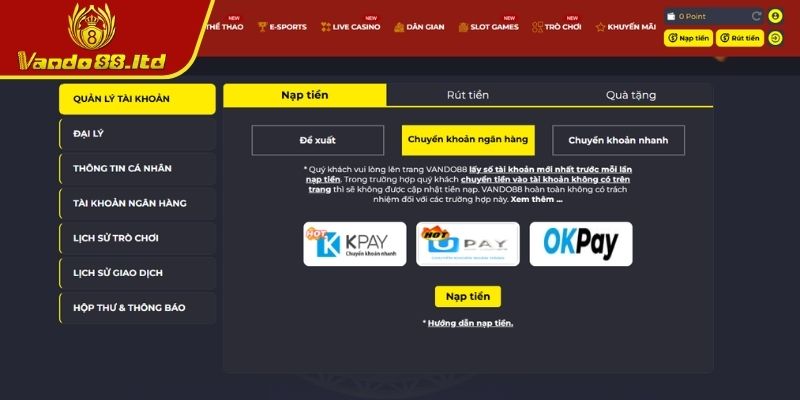 Những lưu ý khi thực hiện nạp tiền VanDo88